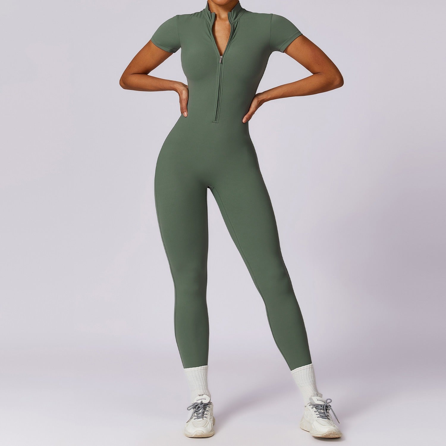 Zipper Short Sleeve Yoga Jumpsuit